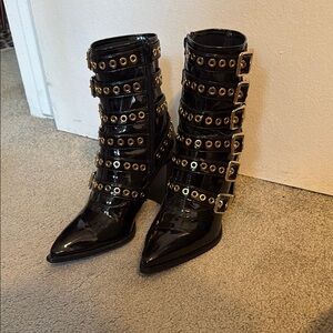 Jeffrey Campbell Ignatius Booties Black Heeled Boots with Straps